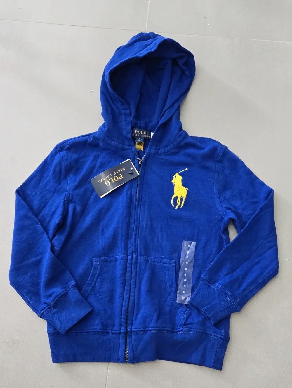 NWT! Ralph Lauren Boys Royal Blue Zip Hoodie with Yellow Pony Logo Size 6